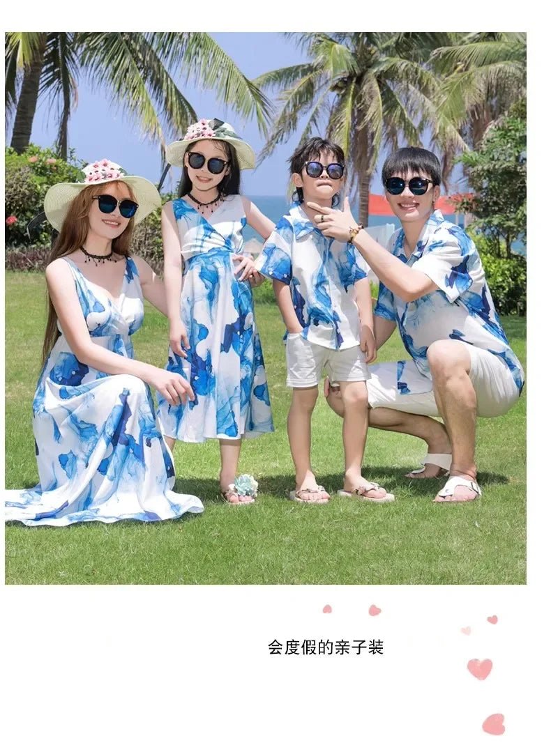 Holiday Resort Family Matching Blue Clothes Vacation Look Daughter Mom Dress Father and Son Beach Tops + Shorts 2 Piece Outfits - PratSN