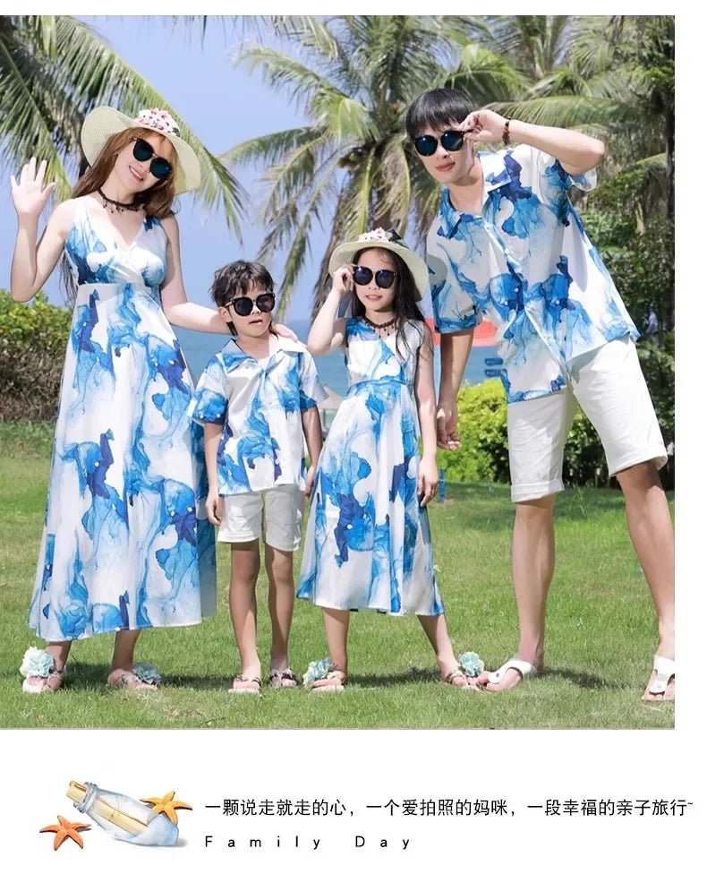 Holiday Resort Family Matching Blue Clothes Vacation Look Daughter Mom Dress Father and Son Beach Tops + Shorts 2 Piece Outfits - PratSN