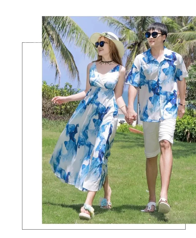 Holiday Resort Family Matching Blue Clothes Vacation Look Daughter Mom Dress Father and Son Beach Tops + Shorts 2 Piece Outfits - PratSN