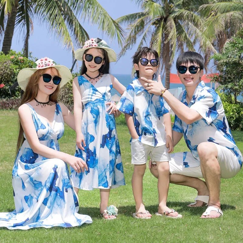 Holiday Resort Family Matching Blue Clothes Vacation Look Daughter Mom Dress Father and Son Beach Tops + Shorts 2 Piece Outfits - PratSN