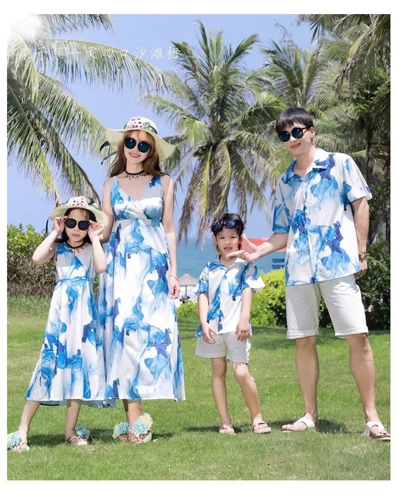 Holiday Resort Family Matching Blue Clothes Vacation Look Daughter Mom Dress Father and Son Beach Tops + Shorts 2 Piece Outfits - PratSN