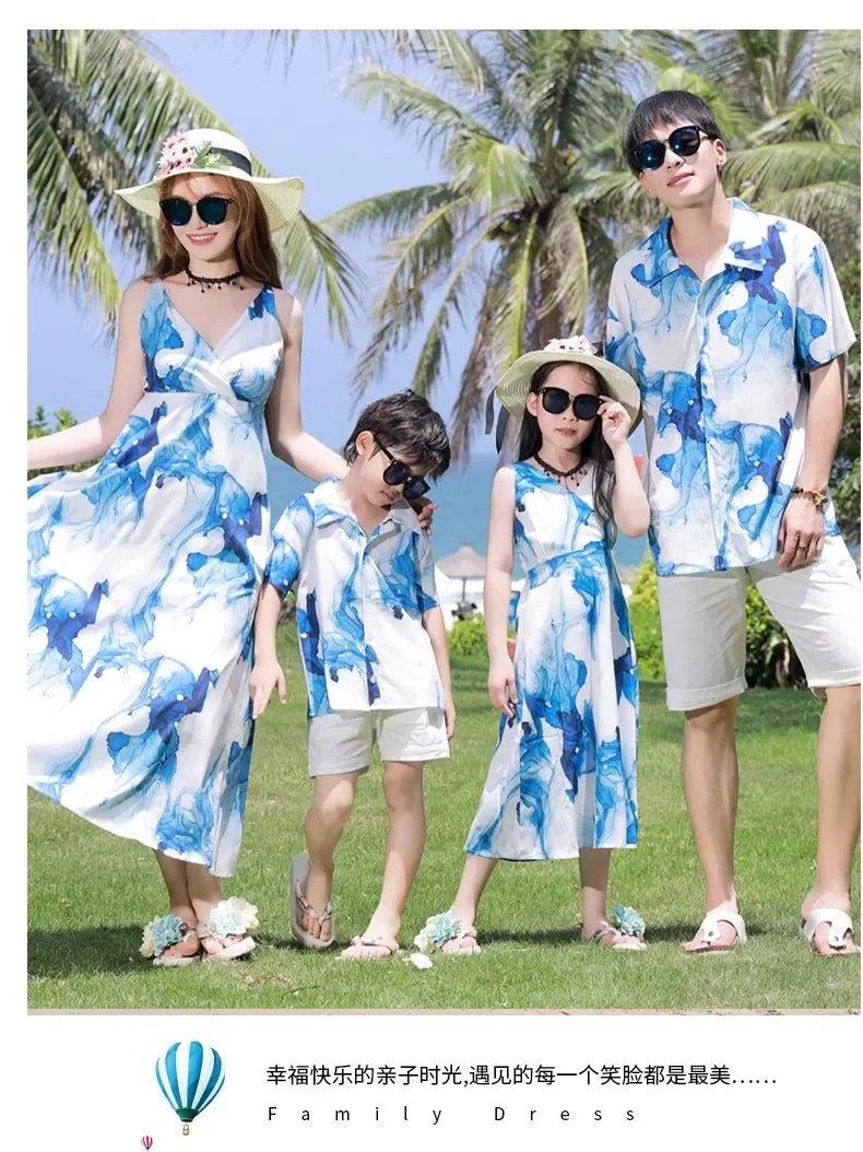 Holiday Resort Family Matching Blue Clothes Vacation Look Daughter Mom Dress Father and Son Beach Tops + Shorts 2 Piece Outfits - PratSN