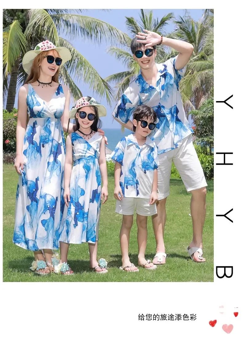 Holiday Resort Family Matching Blue Clothes Vacation Look Daughter Mom Dress Father and Son Beach Tops + Shorts 2 Piece Outfits - PratSN