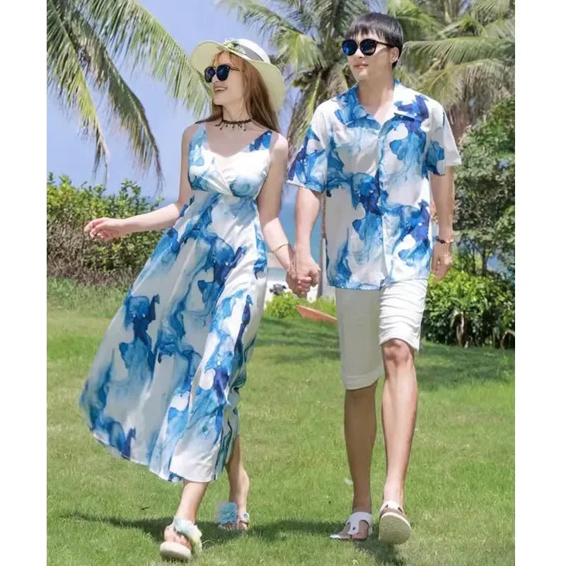 Holiday Resort Family Matching Blue Clothes Vacation Look Daughter Mom Dress Father and Son Beach Tops + Shorts 2 Piece Outfits - PratSN