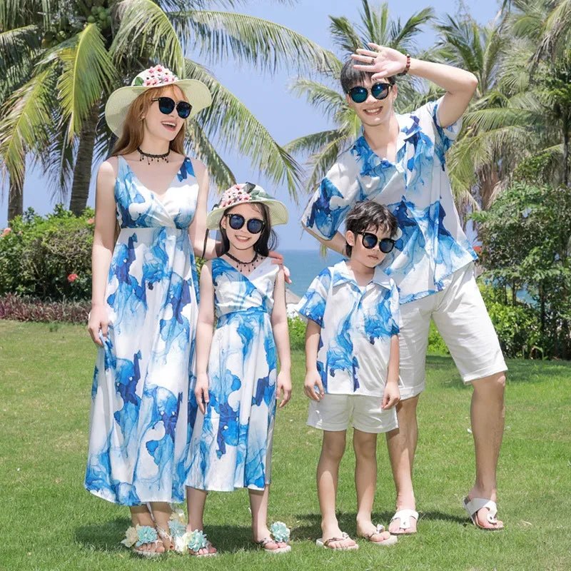 Holiday Resort Family Matching Blue Clothes Vacation Look Daughter Mom Dress Father and Son Beach Tops + Shorts 2 Piece Outfits - PratSN