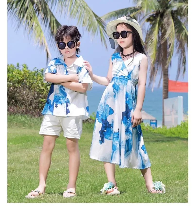 Holiday Resort Family Matching Blue Clothes Vacation Look Daughter Mom Dress Father and Son Beach Tops + Shorts 2 Piece Outfits - PratSN