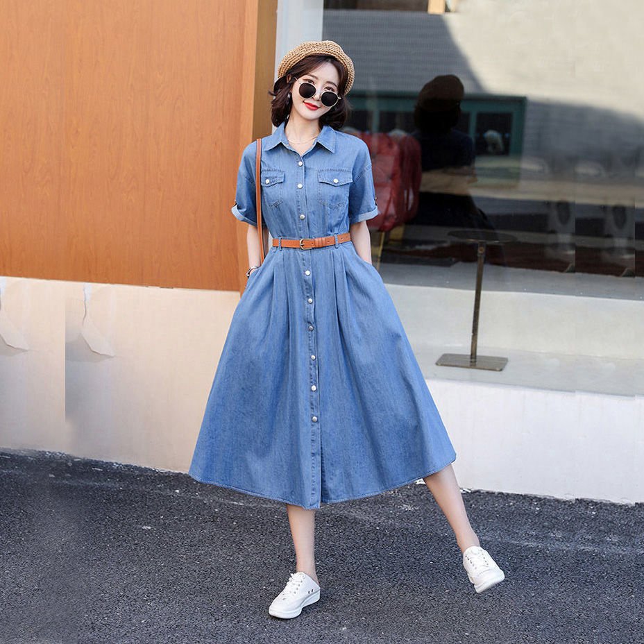 Ice Silk Denim Dress Korean Style Slimming - PratSN Light Blue Belt Delivery / XL Ice Silk Denim Dress Korean Style Slimming - PratSN Light Blue Belt Delivery / XL