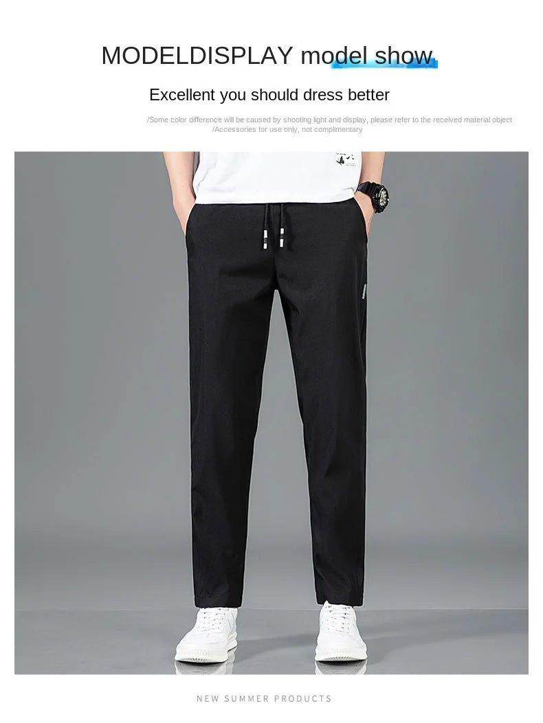 Ice Silk Men's Pants 2025 Summer New Black Gray Thin Business Casual Pants Outdoor Elastic Breathable Straight Leg Sweatpants - PratSN