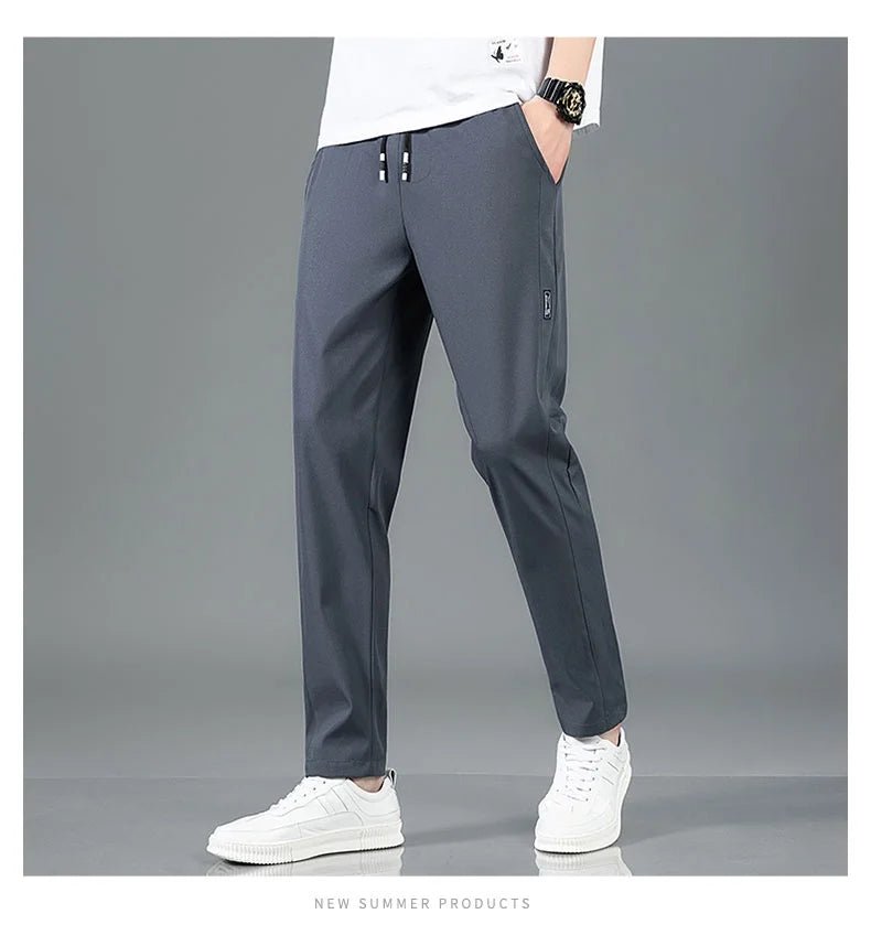 Ice Silk Men's Pants 2025 Summer New Black Gray Thin Business Casual Pants Outdoor Elastic Breathable Straight Leg Sweatpants - PratSN