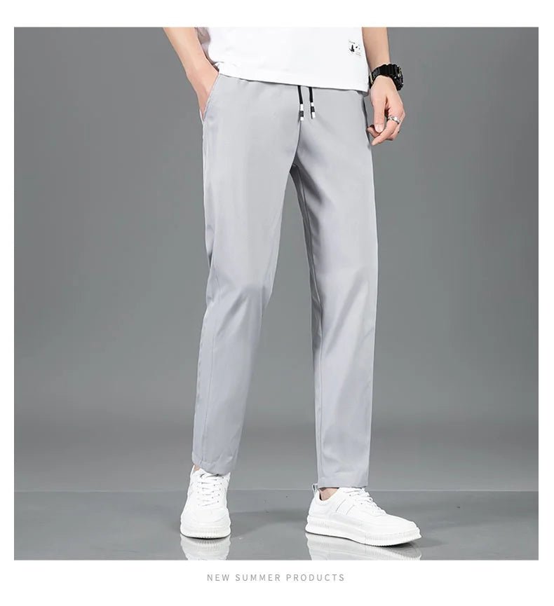 Ice Silk Men's Pants 2025 Summer New Black Gray Thin Business Casual Pants Outdoor Elastic Breathable Straight Leg Sweatpants - PratSN