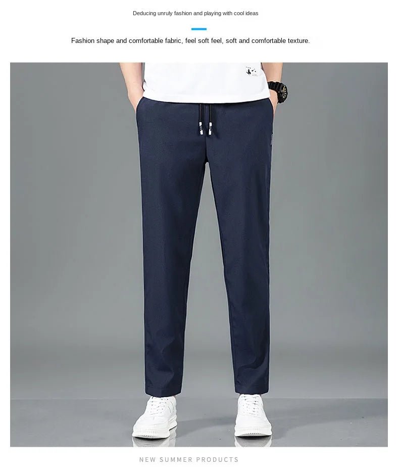 Ice Silk Men's Pants 2025 Summer New Black Gray Thin Business Casual Pants Outdoor Elastic Breathable Straight Leg Sweatpants - PratSN