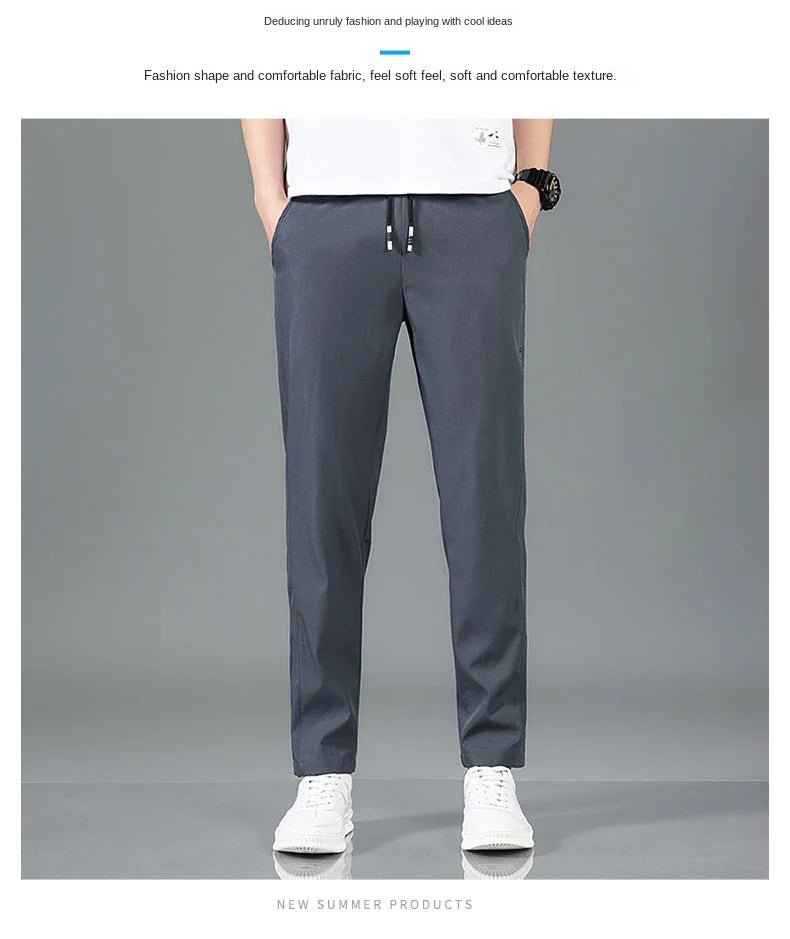 Ice Silk Men's Pants 2025 Summer New Black Gray Thin Business Casual Pants Outdoor Elastic Breathable Straight Leg Sweatpants - PratSN