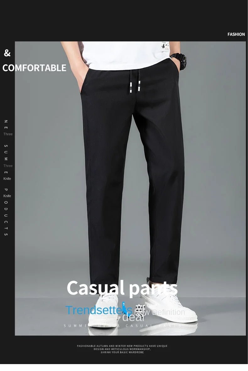 Ice Silk Men's Pants 2025 Summer New Black Gray Thin Business Casual Pants Outdoor Elastic Breathable Straight Leg Sweatpants - PratSN