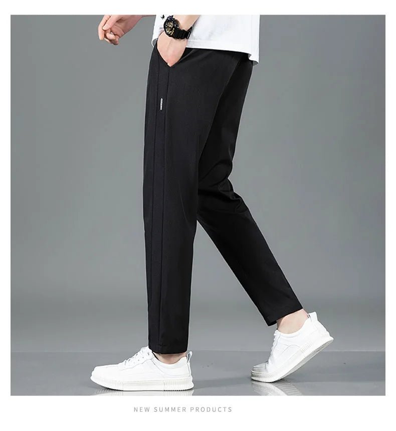 Ice Silk Men's Pants 2025 Summer New Black Gray Thin Business Casual Pants Outdoor Elastic Breathable Straight Leg Sweatpants - PratSN