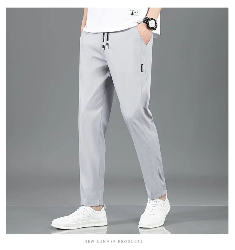 Ice Silk Men's Pants 2025 Summer New Black Gray Thin Business Casual Pants Outdoor Elastic Breathable Straight Leg Sweatpants - PratSN