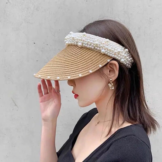 Imitation Pearl Empty Top Straw Hats for Women Casual Summer Beach Visor Caps Wide Large Brim Sun Protection Outdoor Sports Cap - PratSN