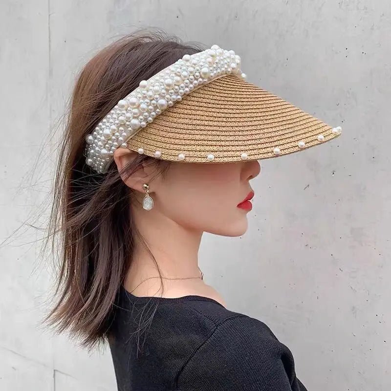 Imitation Pearl Empty Top Straw Hats for Women Casual Summer Beach Visor Caps Wide Large Brim Sun Protection Outdoor Sports Cap - PratSN