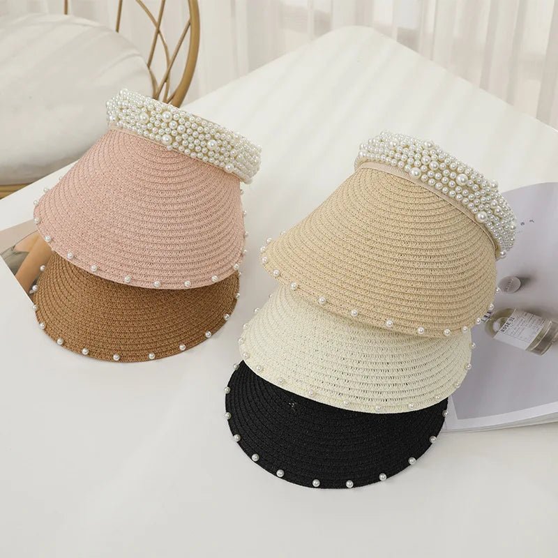 Imitation Pearl Empty Top Straw Hats for Women Casual Summer Beach Visor Caps Wide Large Brim Sun Protection Outdoor Sports Cap - PratSN