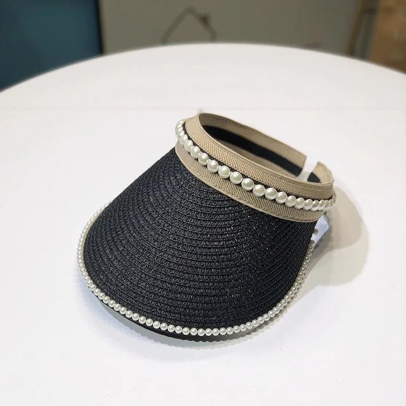 Imitation Pearl Empty Top Straw Hats for Women Casual Summer Beach Visor Caps Wide Large Brim Sun Protection Outdoor Sports Cap - PratSN