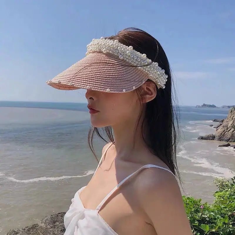 Imitation Pearl Empty Top Straw Hats for Women Casual Summer Beach Visor Caps Wide Large Brim Sun Protection Outdoor Sports Cap - PratSN