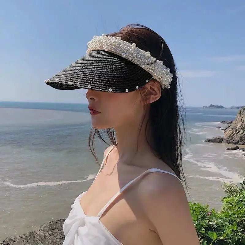 Imitation Pearl Empty Top Straw Hats for Women Casual Summer Beach Visor Caps Wide Large Brim Sun Protection Outdoor Sports Cap - PratSN