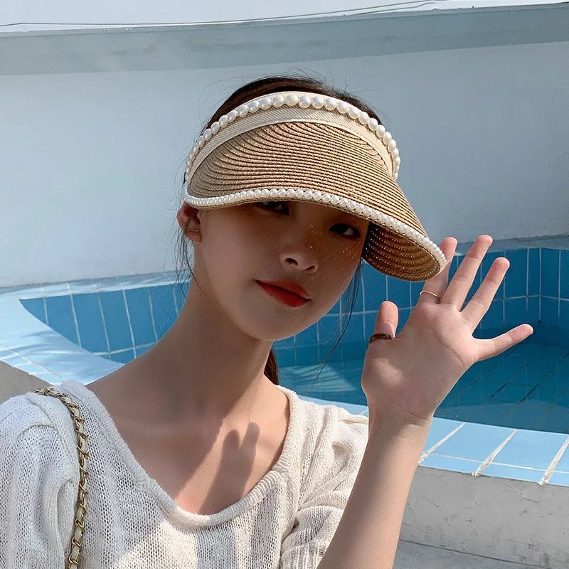 Imitation Pearl Empty Top Straw Hats for Women Casual Summer Beach Visor Caps Wide Large Brim Sun Protection Outdoor Sports Cap - PratSN