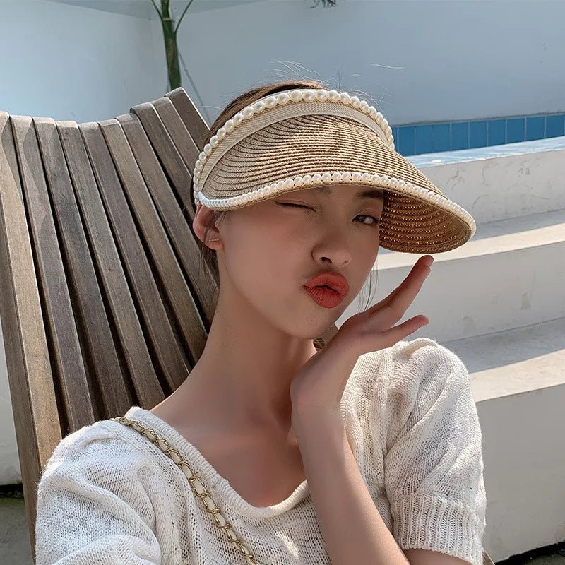 Imitation Pearl Empty Top Straw Hats for Women Casual Summer Beach Visor Caps Wide Large Brim Sun Protection Outdoor Sports Cap - PratSN