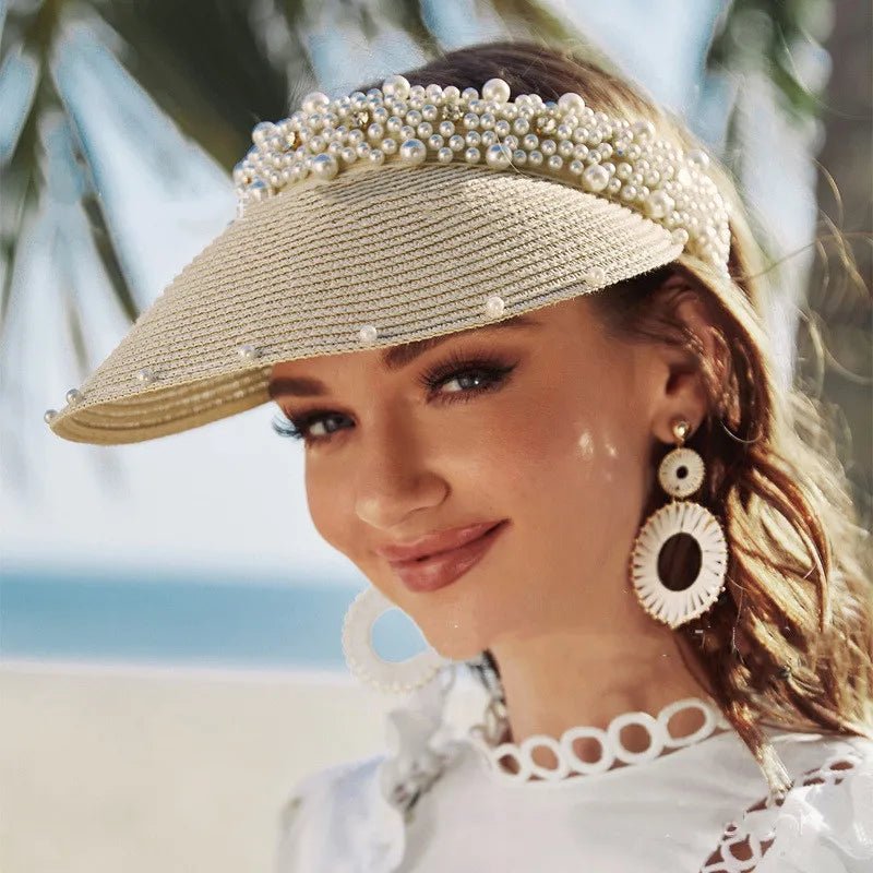 Imitation Pearl Empty Top Straw Hats for Women Casual Summer Beach Visor Caps Wide Large Brim Sun Protection Outdoor Sports Cap - PratSN