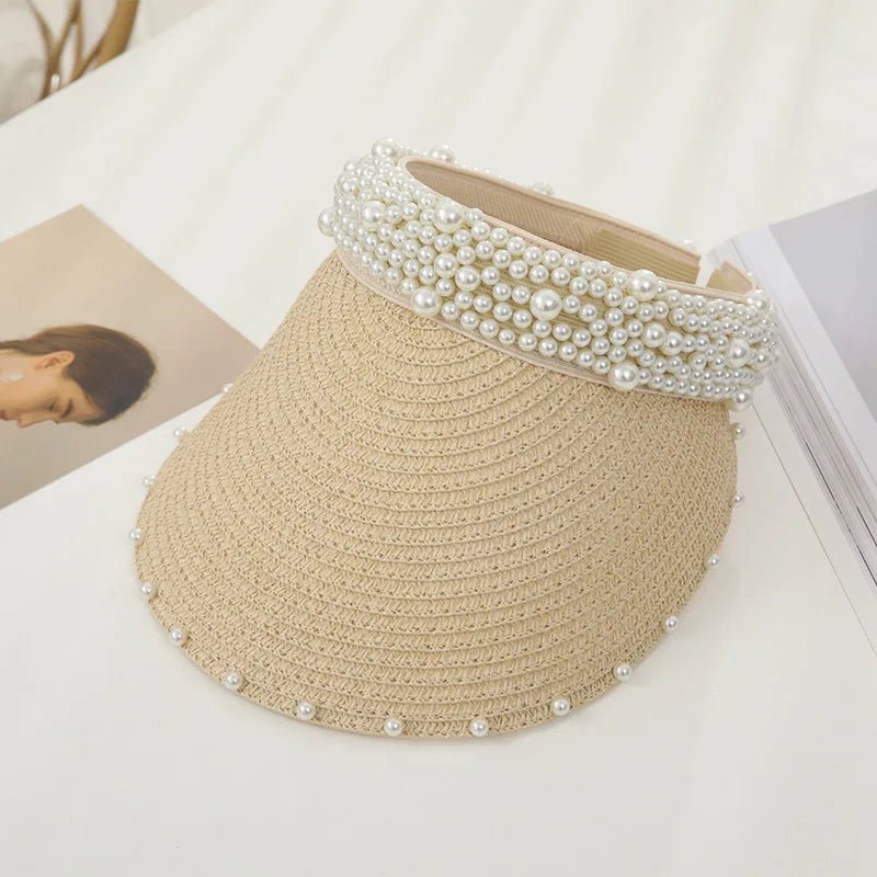 Imitation Pearl Empty Top Straw Hats for Women Casual Summer Beach Visor Caps Wide Large Brim Sun Protection Outdoor Sports Cap - PratSN