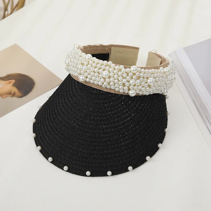 Imitation Pearl Empty Top Straw Hats for Women Casual Summer Beach Visor Caps Wide Large Brim Sun Protection Outdoor Sports Cap - PratSN