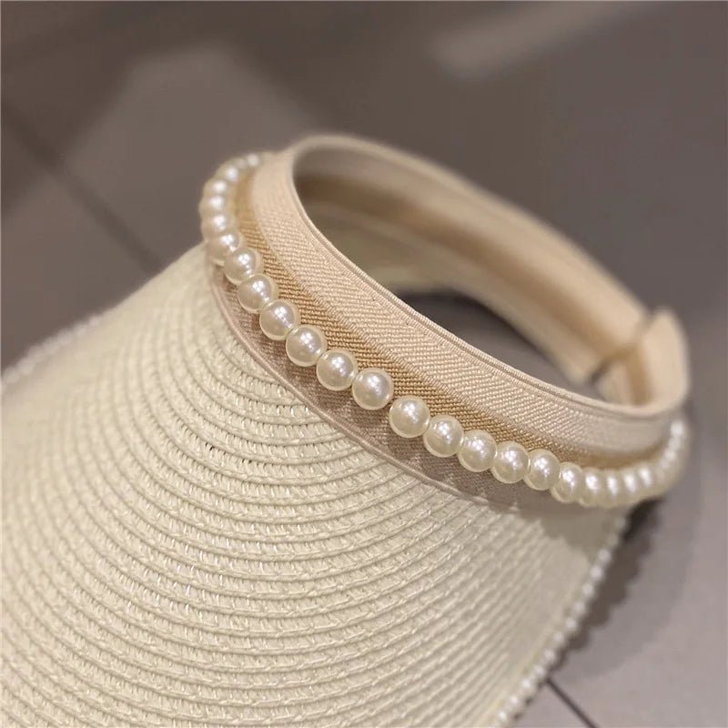 Imitation Pearl Empty Top Straw Hats for Women Casual Summer Beach Visor Caps Wide Large Brim Sun Protection Outdoor Sports Cap - PratSN