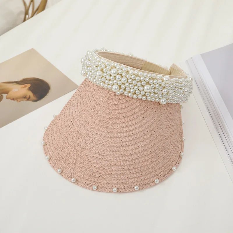 Imitation Pearl Empty Top Straw Hats for Women Casual Summer Beach Visor Caps Wide Large Brim Sun Protection Outdoor Sports Cap - PratSN