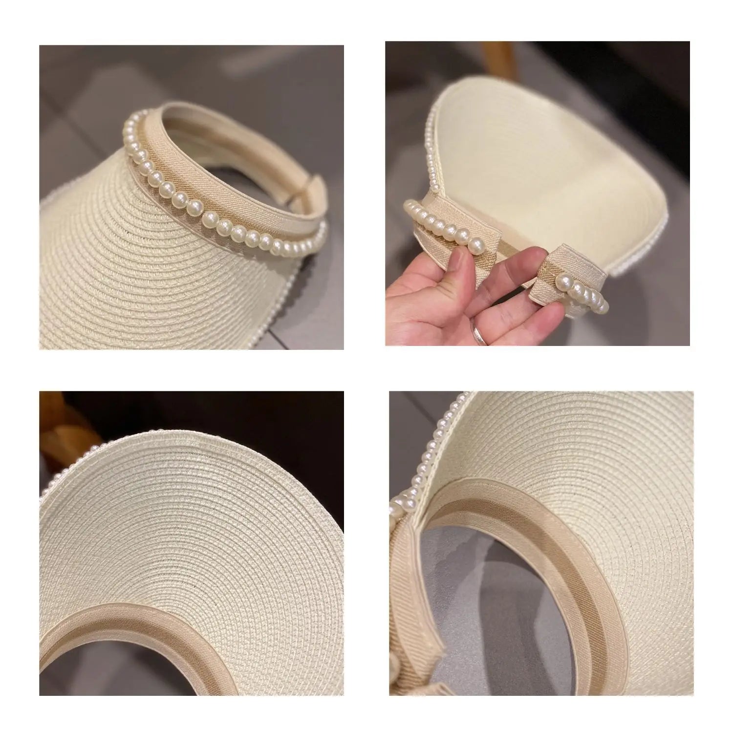 Imitation Pearl Empty Top Straw Hats for Women Casual Summer Beach Visor Caps Wide Large Brim Sun Protection Outdoor Sports Cap - PratSN
