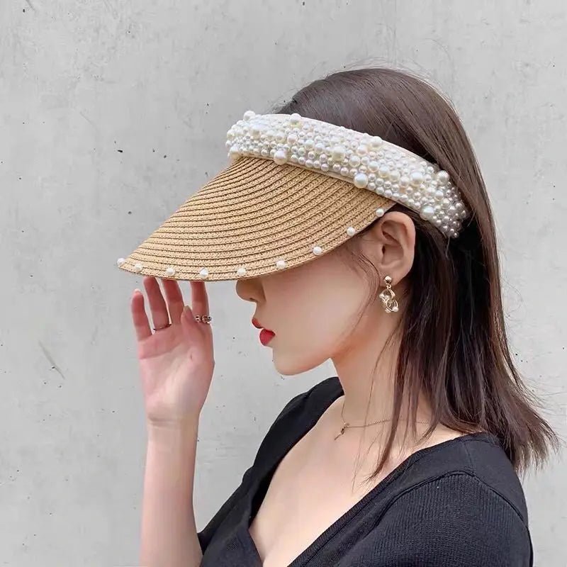 Imitation Pearl Empty Top Straw Hats for Women Casual Summer Beach Visor Caps Wide Large Brim Sun Protection Outdoor Sports Cap - PratSN