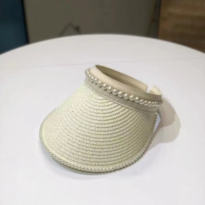 Imitation Pearl Empty Top Straw Hats for Women Casual Summer Beach Visor Caps Wide Large Brim Sun Protection Outdoor Sports Cap - PratSN