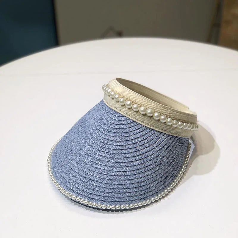 Imitation Pearl Empty Top Straw Hats for Women Casual Summer Beach Visor Caps Wide Large Brim Sun Protection Outdoor Sports Cap - PratSN
