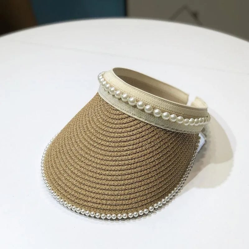 Imitation Pearl Empty Top Straw Hats for Women Casual Summer Beach Visor Caps Wide Large Brim Sun Protection Outdoor Sports Cap - PratSN