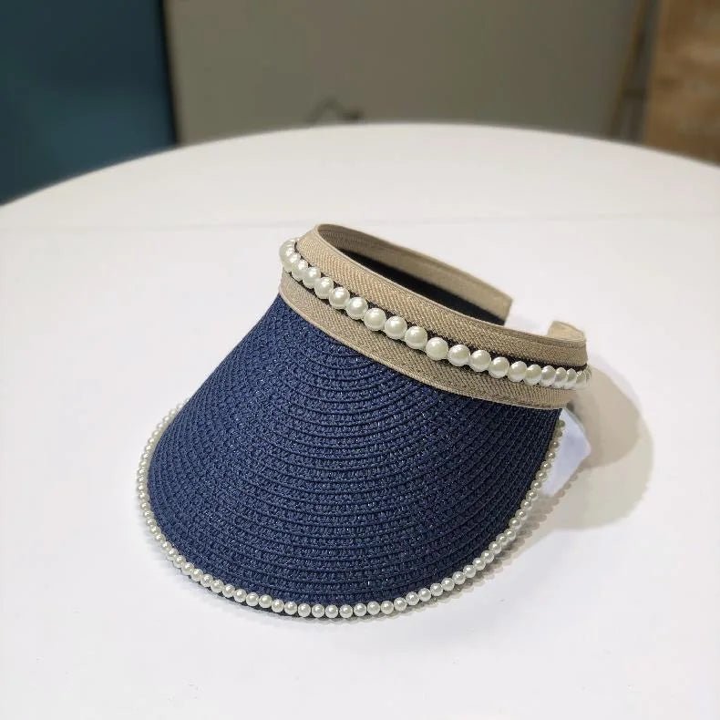 Imitation Pearl Empty Top Straw Hats for Women Casual Summer Beach Visor Caps Wide Large Brim Sun Protection Outdoor Sports Cap - PratSN