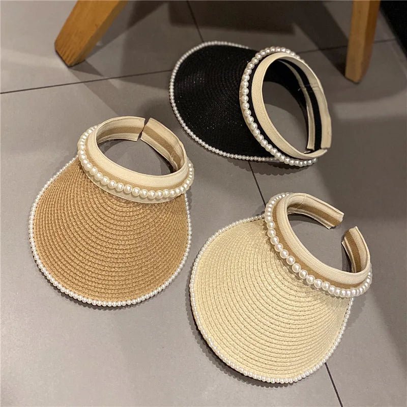 Imitation Pearl Empty Top Straw Hats for Women Casual Summer Beach Visor Caps Wide Large Brim Sun Protection Outdoor Sports Cap - PratSN