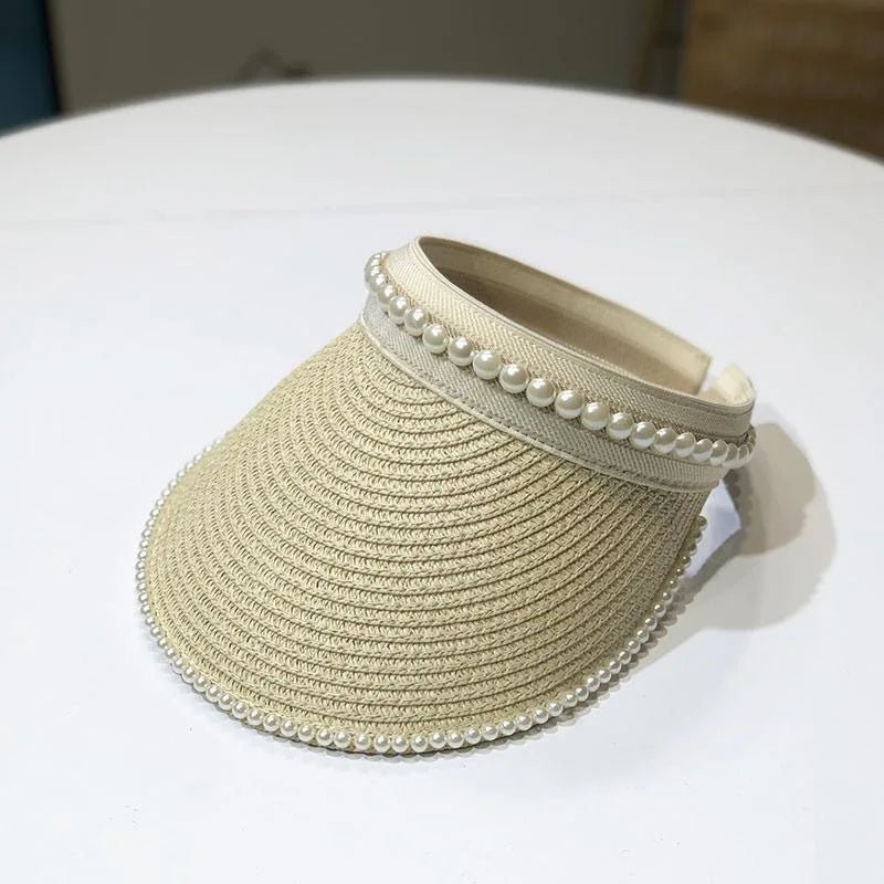 Imitation Pearl Empty Top Straw Hats for Women Casual Summer Beach Visor Caps Wide Large Brim Sun Protection Outdoor Sports Cap - PratSN