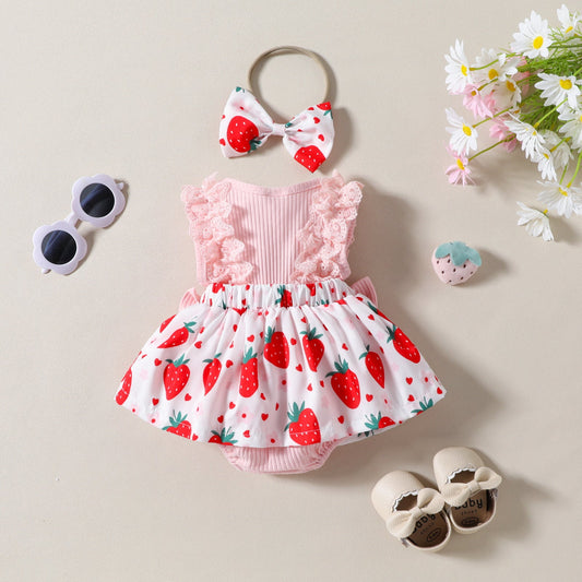 Infant Toddler Strawberry Print Bow Sleeveless Summer Romper - PratSN