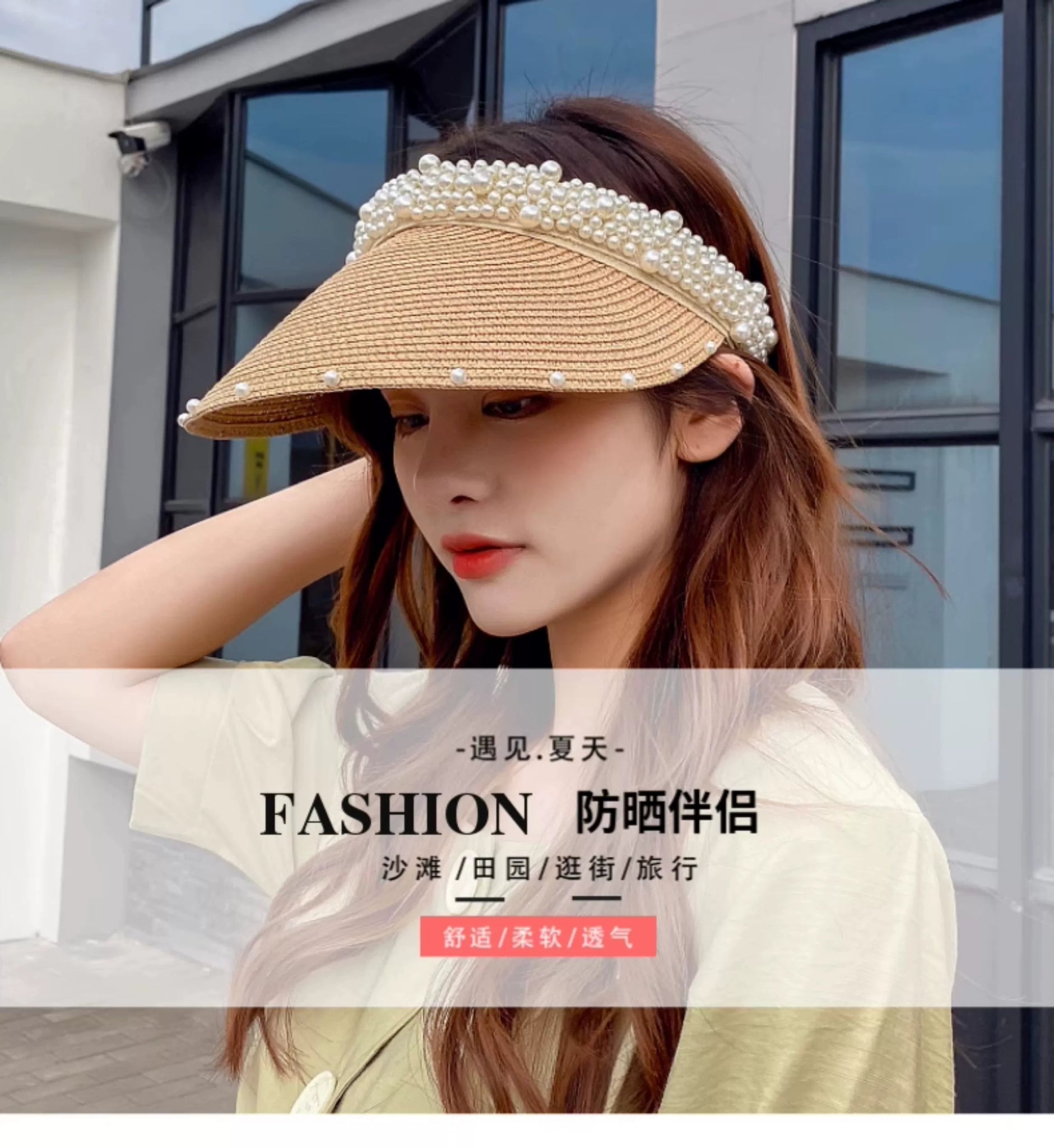 Internet Celebrity Women's Summer Pearl Beach Hollow Sunbonnet - PratSN