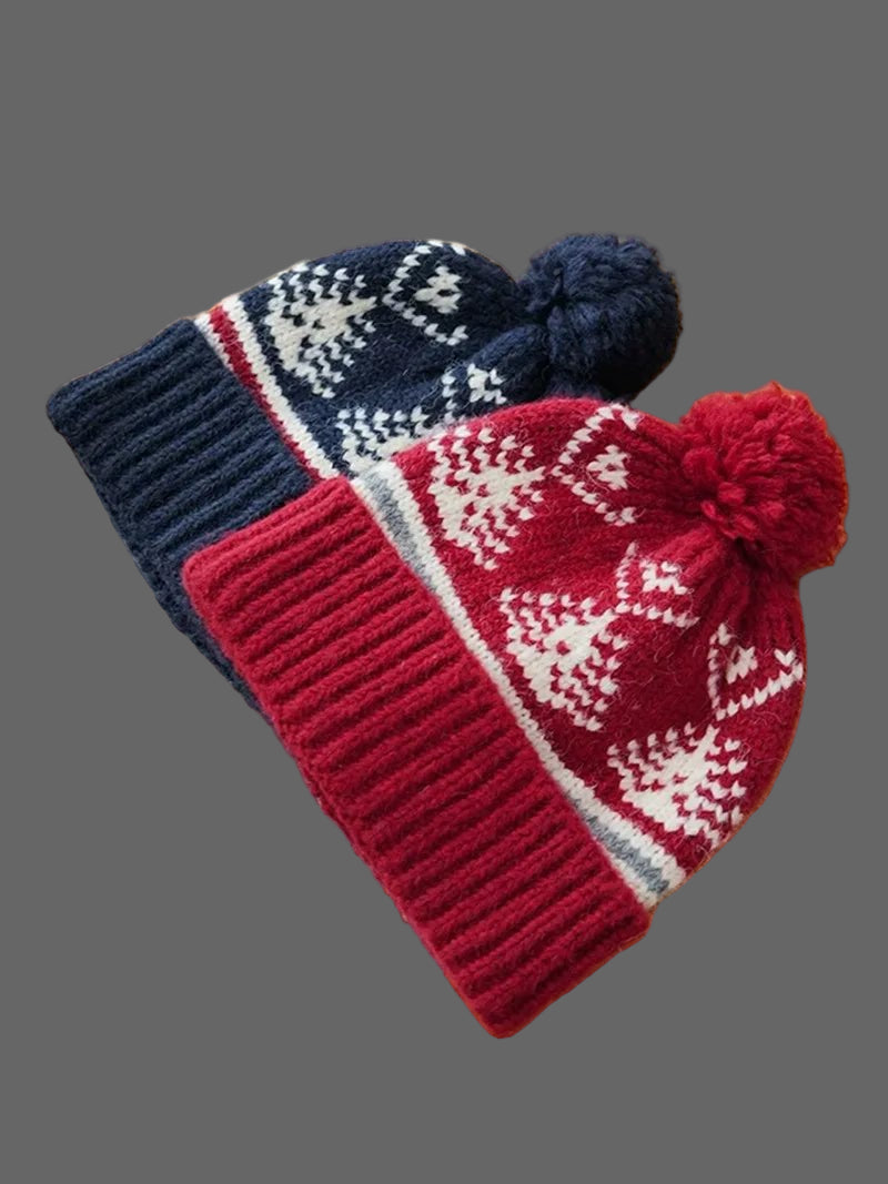 Japanese Retro Ethnic Style Jacquard Knitted Pullover Hat for Women's Autumn and Winter Warm Ear Protection Skull Beanie Caps - PratSN