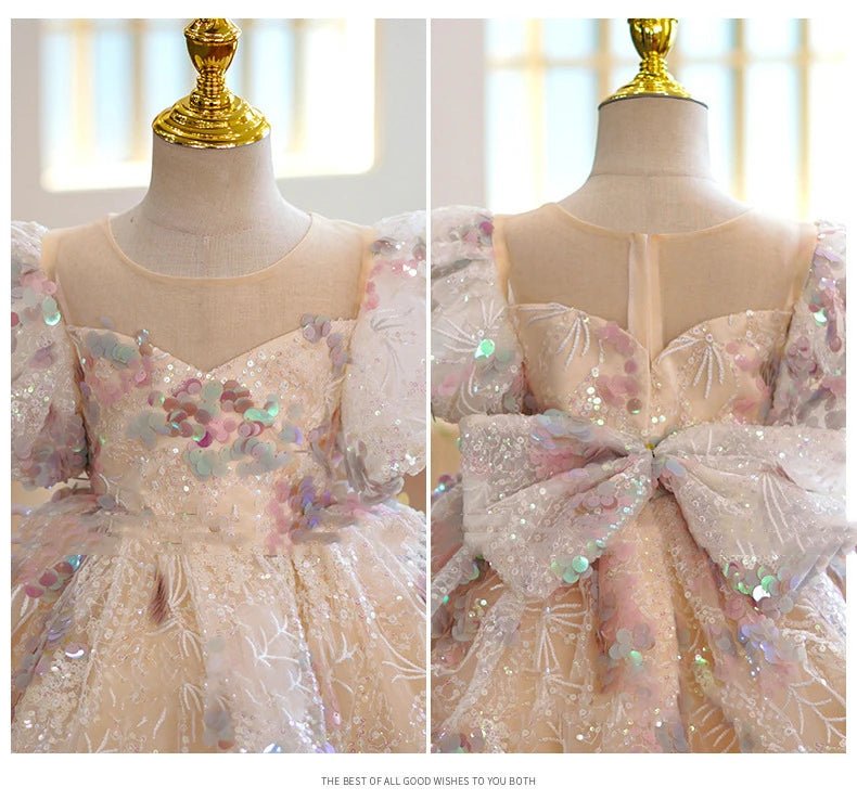 Kids Birthday Party Dresses for Little Girl Size 2 To 14 Years Prom Sequin Dress Luxury Gowns Sky Blue Evening Formal Frock - PratSN