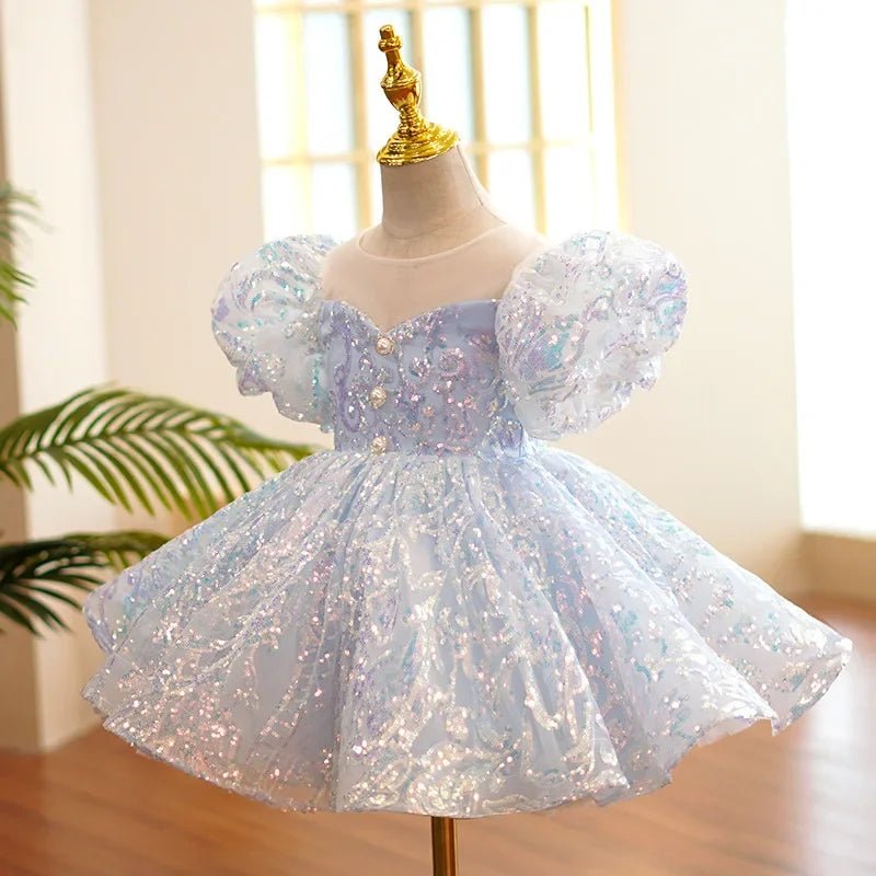 Kids Birthday Party Dresses for Little Girl Size 2 To 14 Years Prom Sequin Dress Luxury Gowns Sky Blue Evening Formal Frock - PratSN