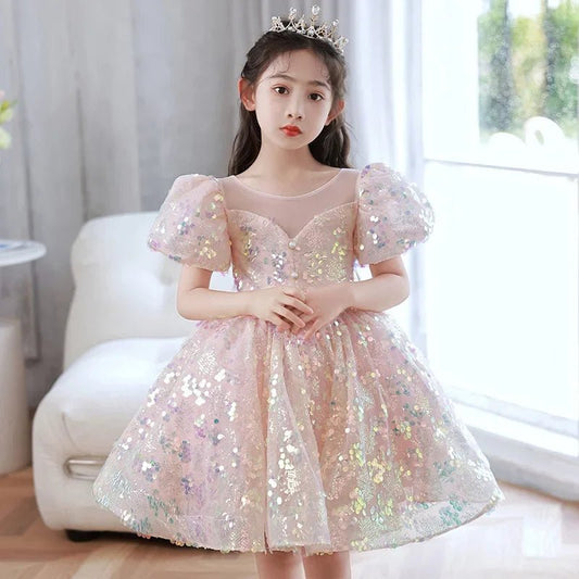 Kids Birthday Party Dresses for Little Girl Size 2 To 14 Years Prom Sequin Dress Luxury Gowns Sky Blue Evening Formal Frock - PratSN