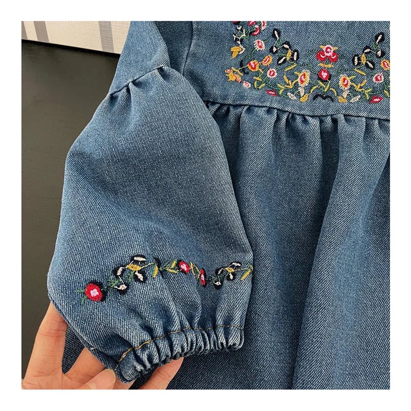 Kids Clothing Spring And Autumnr Round Neck Floral Embroidered Long Sleeve Denim dress Girls Dress Princess Dress - PratSN