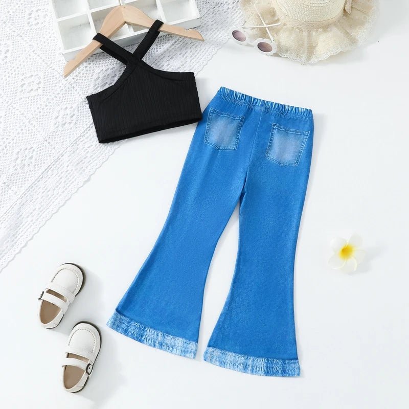 Kids Girls Summer Outfits Solid Color Sleeveless Tank Tops and Imitation Denim Flare Pants Jeans 2Pcs Clothes Set - PratSN