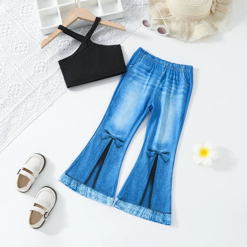 Kids Girls Summer Outfits Solid Color Sleeveless Tank Tops and Imitation Denim Flare Pants Jeans 2Pcs Clothes Set - PratSN