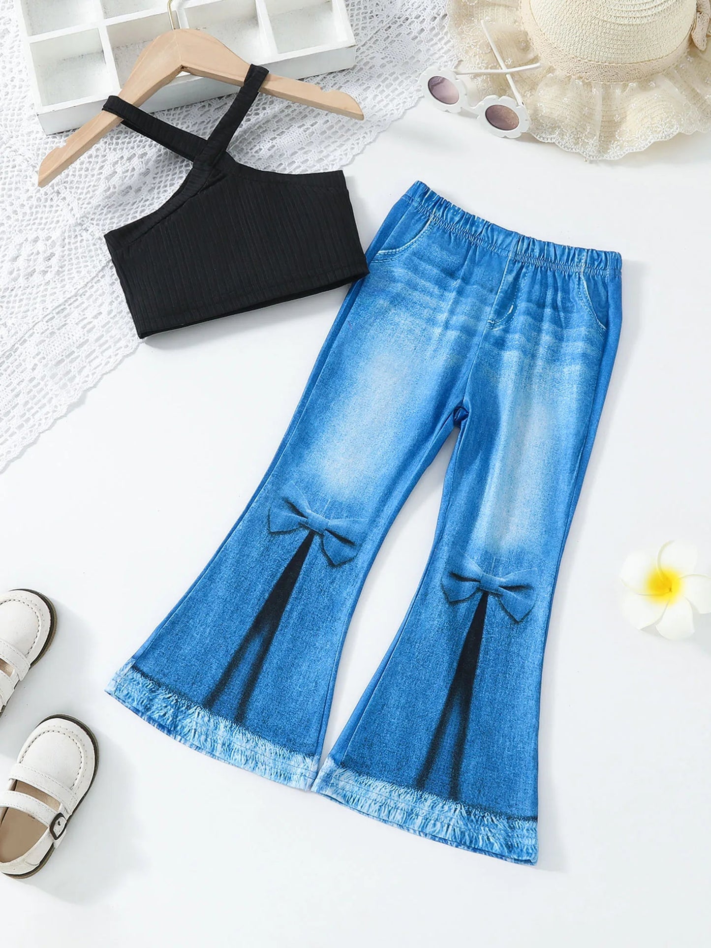 Kids Girls Summer Outfits Solid Color Sleeveless Tank Tops and Imitation Denim Flare Pants Jeans 2Pcs Clothes Set - PratSN
